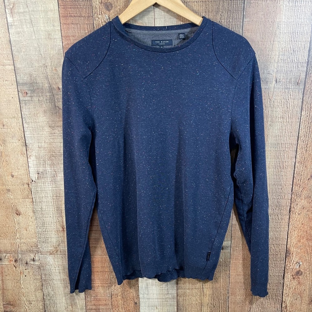 Ted Baker Newepp Flecked Crewneck Sweatshirt Mens 4 L Navy Blue Rainbow Nep Knit